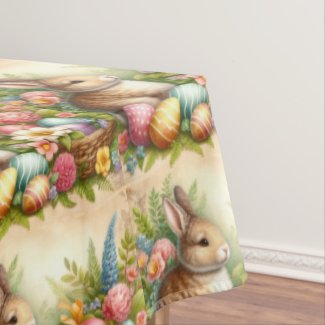 Vintage Easter Floral / Bunny Rabbit Tablecloth