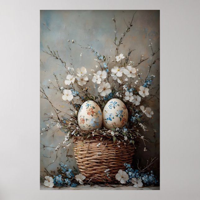 Vintage Easter Flower Basket Print, Farmhouse Poster (Front)