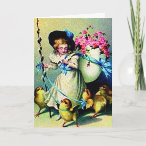 Vintage Easter Girl and Baby Chicks Card