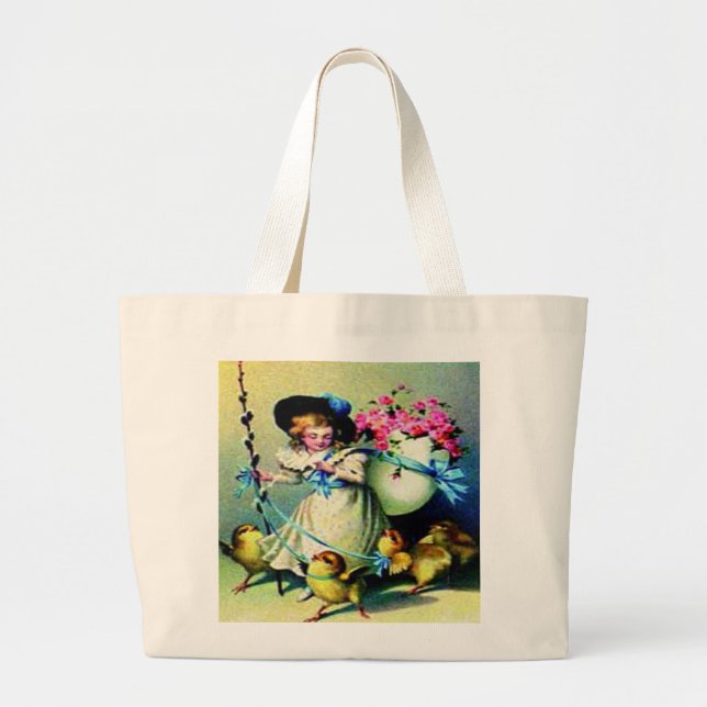 Vintage Easter Girl and Baby Chicks Large Tote Bag (Front)