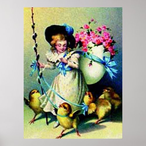 Vintage Easter Girl and Baby Chicks Poster