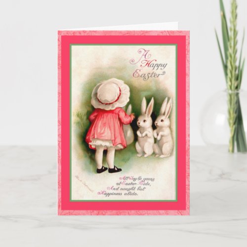 Vintage Easter Girl and White Bunnies Holiday Card