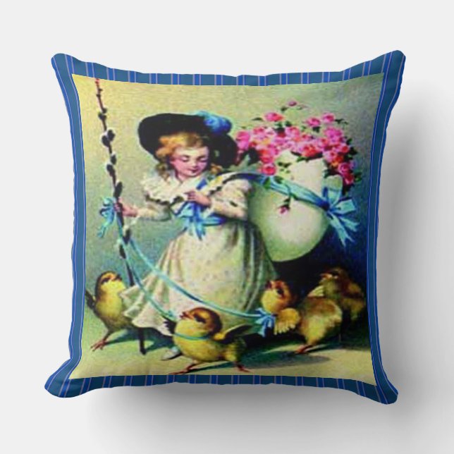 Vintage Easter Girl, Baby Chicks & Stripes , ZSSG Throw Pillow (Front)