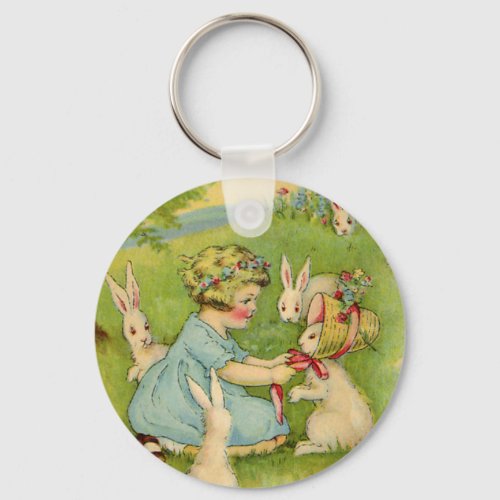 Vintage Easter Girl Bonnet on Bunny Rabbit Keychain