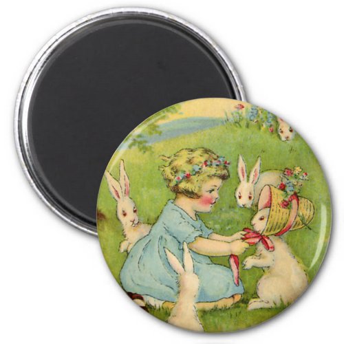 Vintage Easter Girl Bonnet on Bunny Rabbit Magnet