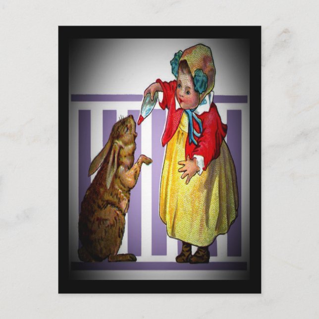 Vintage Easter Girl Feeding a Rabbit, ZSSG Holiday Postcard (Front)