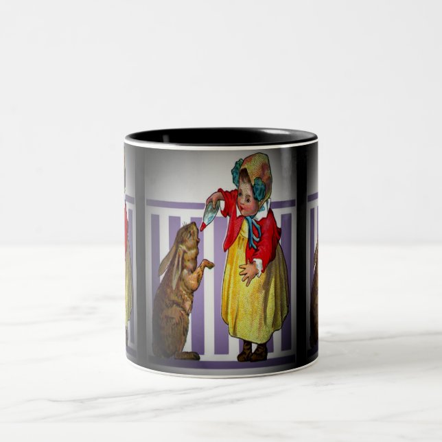 Vintage Easter Girl Feeding a Rabbit, ZSSG Two-Tone Coffee Mug (Center)