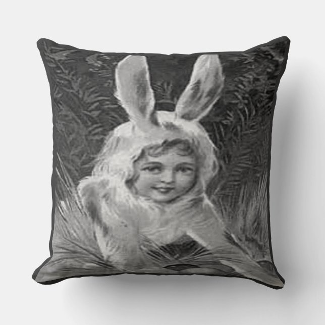 Vintage Easter Girl in Bunny Costume B&W, ZSSG Throw Pillow (Front)
