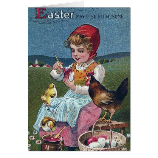 Vintage Easter Girl Painting Egg With Chickens Cards (Front)