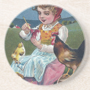 Vintage Easter Girl Painting Egg With Chickens Sandstone Coaster