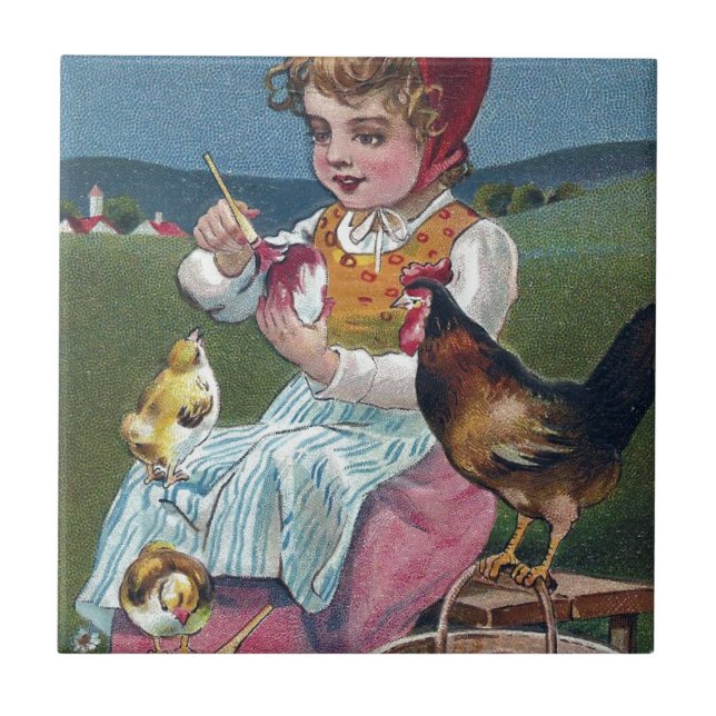 Vintage Easter Girl Painting Egg With Chickens Tile (Front)