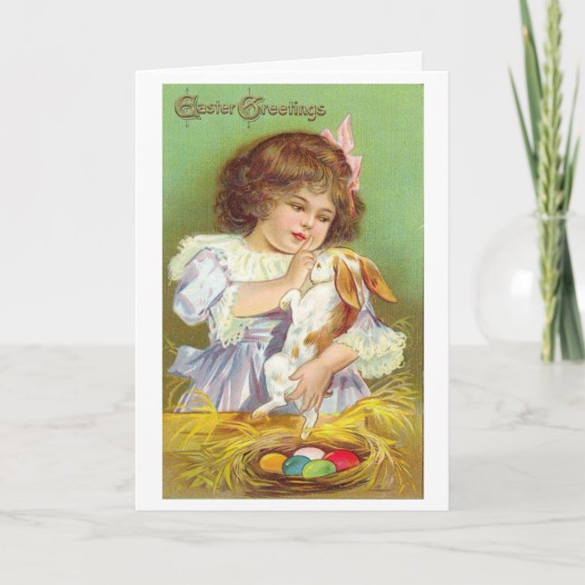 Vintage Easter Girl with Bunny, Holiday Card (Front)