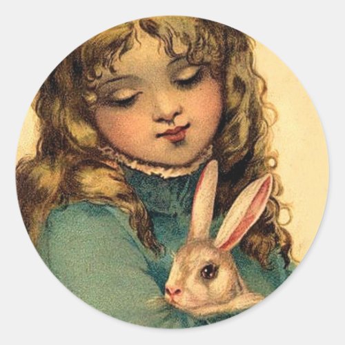 Vintage Easter Girl with Bunny Rabbit Classic Round Sticker