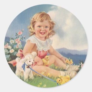 Vintage Easter, Girl with Chicks Lamb in Meadow Classic Round Sticker