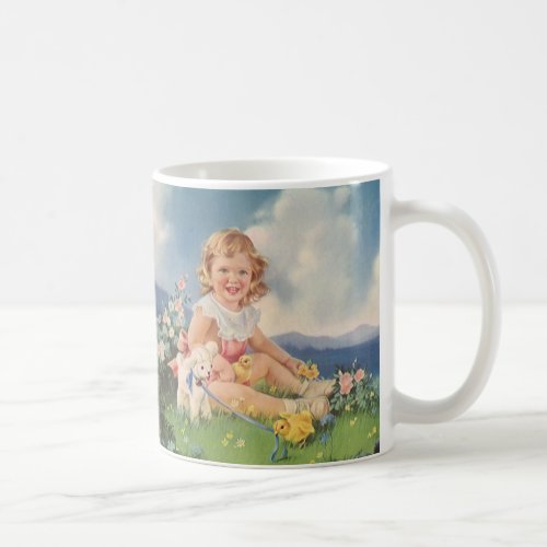 Vintage Easter Girl with Chicks Lamb in Meadow Coffee Mug