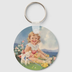Vintage Easter, Girl with Chicks Lamb in Meadow Keychain