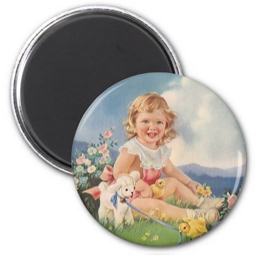 Vintage Easter Girl with Chicks Lamb in Meadow Magnet