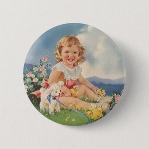 Vintage Easter, Girl with Chicks Lamb in Meadow Pinback Button