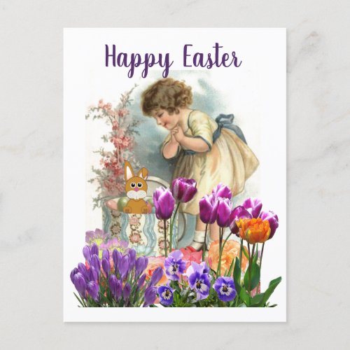 Vintage Easter Girl with Tulip Flowers  Holiday Postcard
