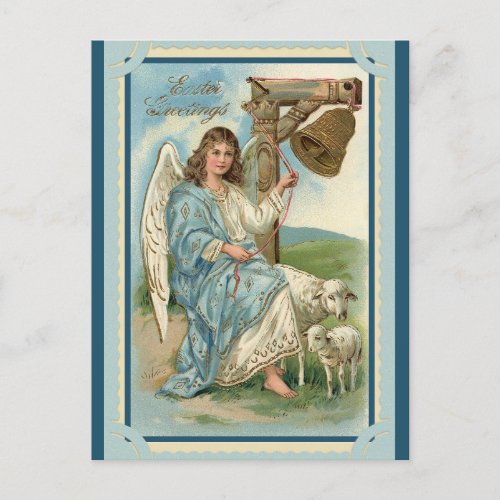 Vintage Easter Greetings Angel Sheep Bell Postcard