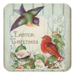 Vintage Easter Greetings Birds Nest Rustic Fence Square Sticker