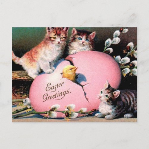 Vintage Easter Greetings Cats Chick and Easter Egg Postcard