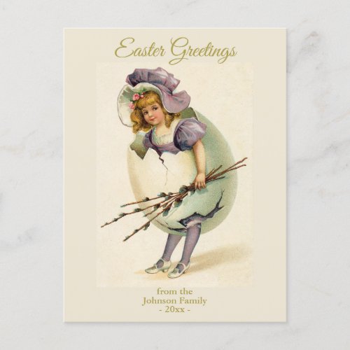 Vintage Easter Greetings Egg and Girl Custom Text  Holiday Postcard