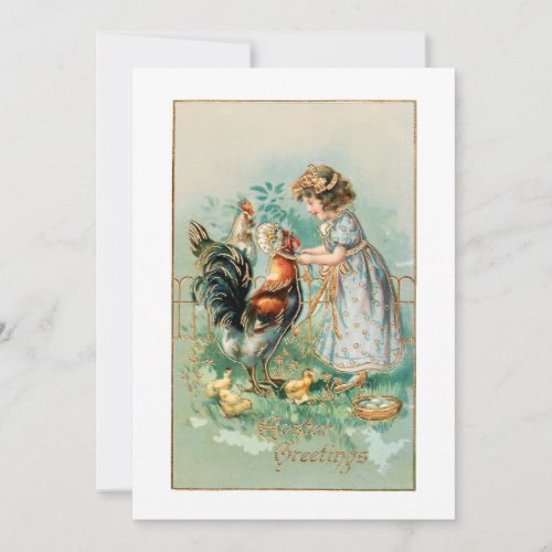 Vintage Easter Greetings Farm Girl and Hens Holiday Card
