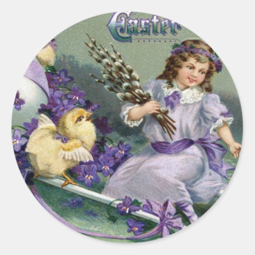 Vintage Easter Greetings Girl Egg Chick Carriage Classic Round Sticker