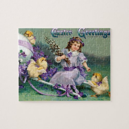 Vintage Easter Greetings Girl Egg Chick Carriage Jigsaw Puzzle