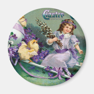 Vintage Easter Greetings Girl Egg Chick Carriage Magnet