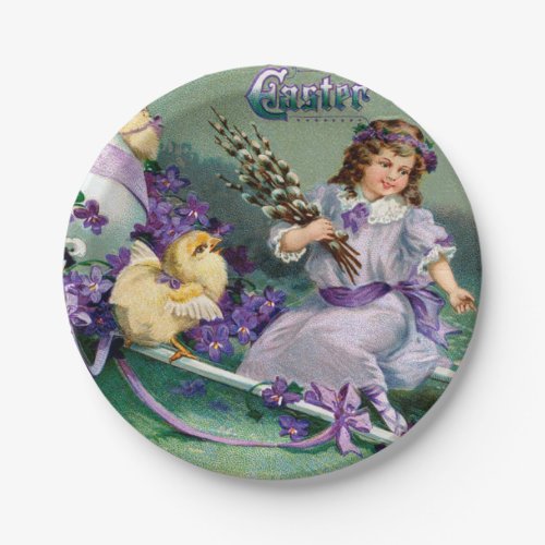 Vintage Easter Greetings Girl Egg Chick Carriage Paper Plates