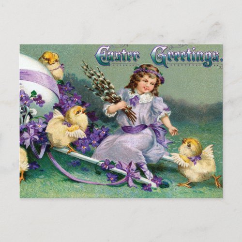 Vintage Easter Greetings Girl Egg Chick Carriage Postcard