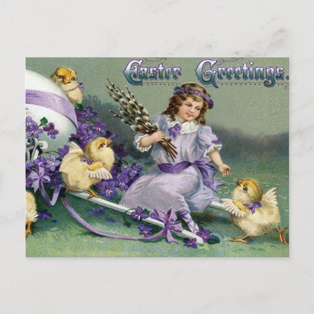Vintage Easter Greetings Girl Egg Chick Carriage Postcard (Front)