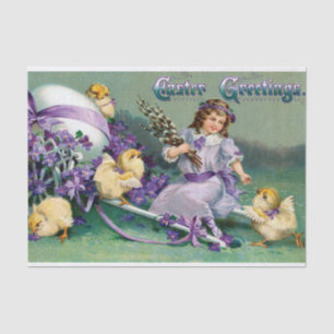 Vintage Easter Greetings Girl Egg Chick Carriage Tissue Paper