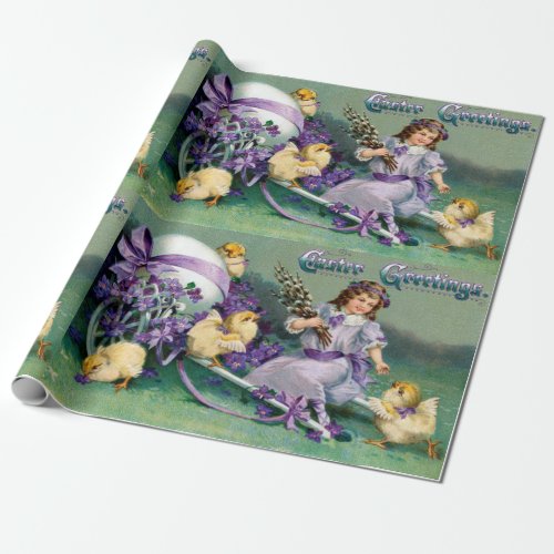 Vintage Easter Greetings Girl Egg Chick Carriage Wrapping Paper