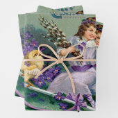 Vintage Easter Greetings Girl Egg Chick Carriage Wrapping Paper Sheets (In situ)