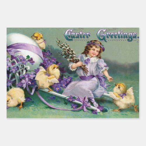 Vintage Easter Greetings Girl Egg Chick Carriage Wrapping Paper Sheets