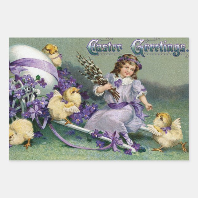 Vintage Easter Greetings Girl Egg Chick Carriage Wrapping Paper Sheets (Front)