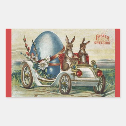 Vintage Easter Greetings Rabbits Antique Car Egg Rectangular Sticker