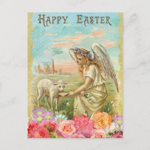 Vintage Easter Greetings Spring Angel Lamb Postcard