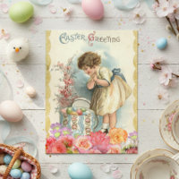 Vintage Easter Greetings Spring Girl Eggs Flowers