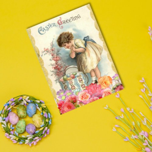 Vintage Easter Greetings Spring Girl Eggs Flowers Postcard