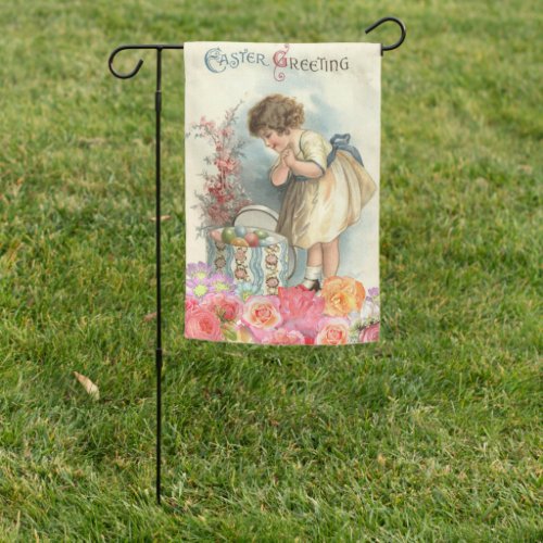 Vintage Easter Greetings Spring Girl Eggs Garden Flag