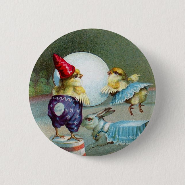 Vintage Easter Greetings Wishes Chicks Circus Button (Front)