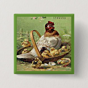 Vintage Easter Hen and Chicks in Basket Button