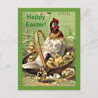 Vintage Easter Hen and Chicks in Basket Holiday Postcard