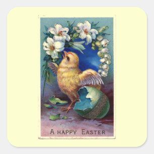 Vintage Easter Illustration With Chick Square Sticker