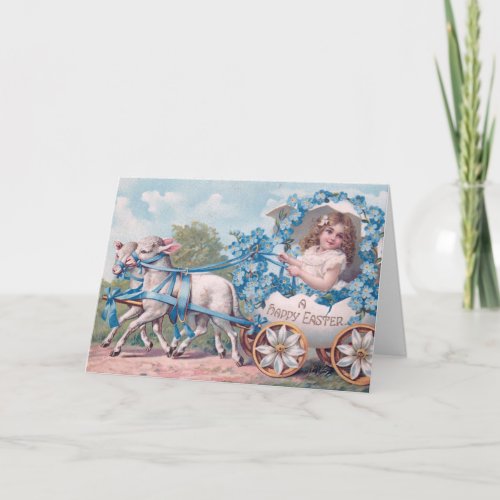 Vintage Easter Illustration with Girl and Lambs Card