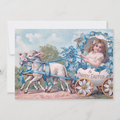 Vintage Easter Illustration with Girl and Lambs Holiday Card